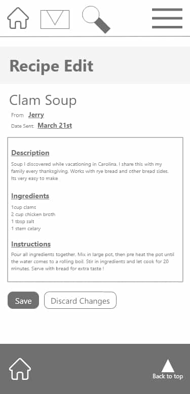 Recipe edit, a WireFrame with no colors besides white and gray. Details of clam soup are displayed here and are editable in a textbox.