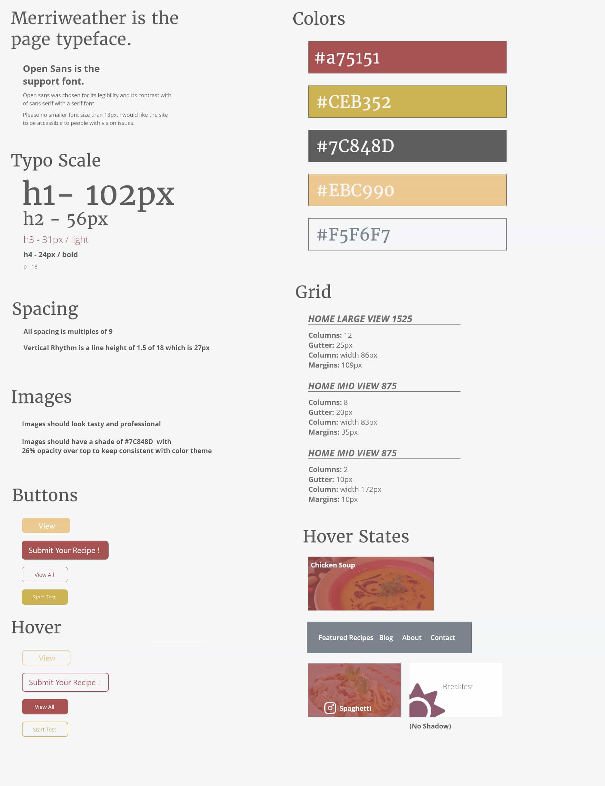 A mood board with styling rules of website. contains, yellow, red, gray and white. Fancy fonts for text. Font sized are detailed like h1 is 105px.
