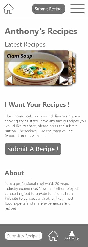 Anthony's recipes home page design. A WireFrame with no colors besides white and gray. 