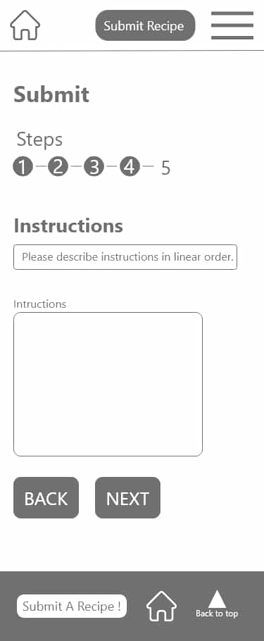Submit step 4, a WireFrame with no colors besides white and gray. A Web form that asks for a recipe instructions.