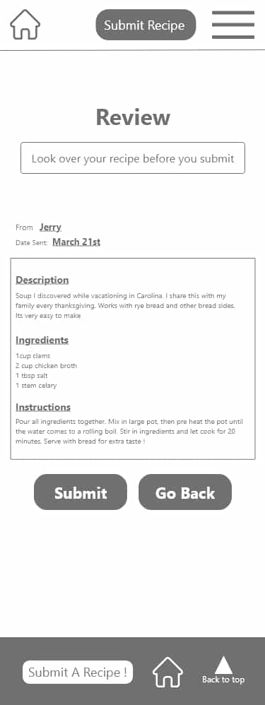 Submit recipe final review, a WireFrame with no colors besides white and gray. A Web form that asks for a to review previous information given.