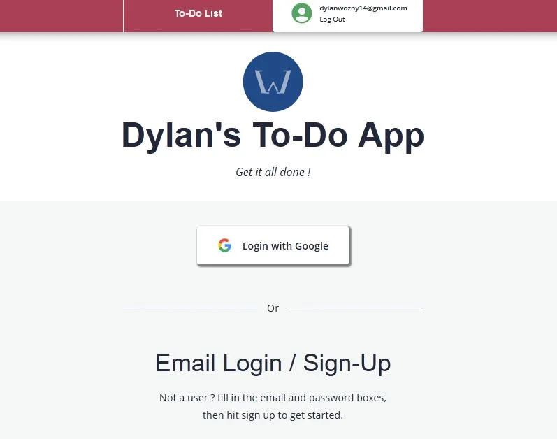 web app front page with a sign in and email text box. Title says 'to do list' and the color scheme is dark blue and white. 